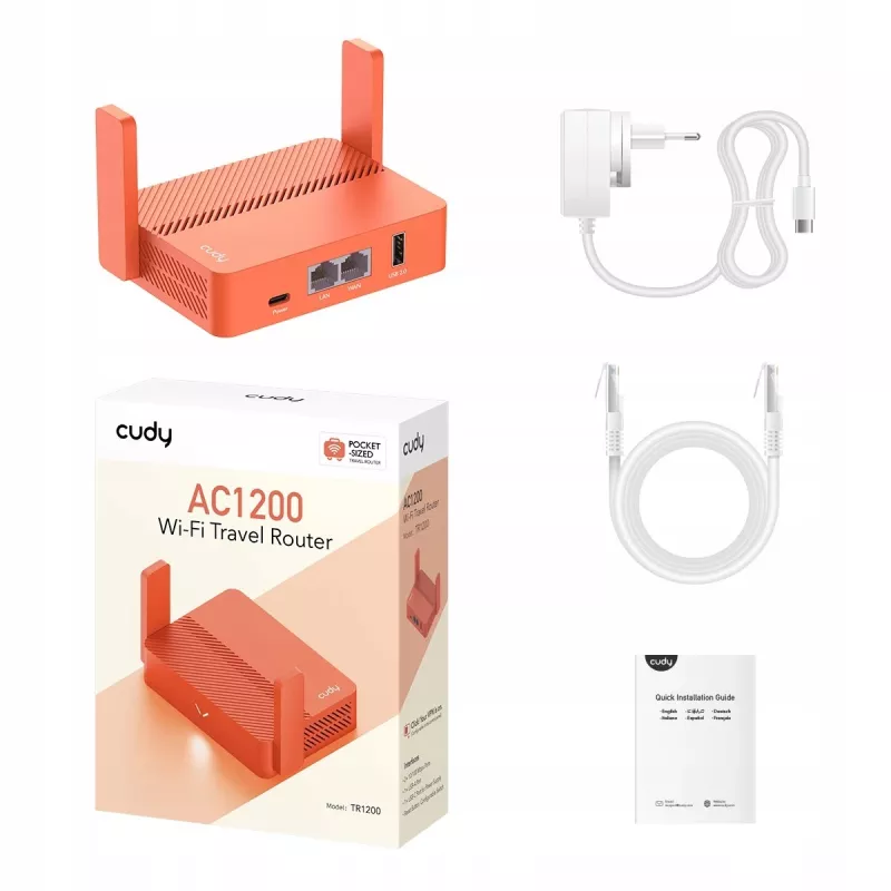 Pārnēsājamais maršrutētājs Cudy AC1200 (TR1200) — Oranžs, maiņstrāvas barošana, 1x RJ-45 LAN/WAN, USB 2.0