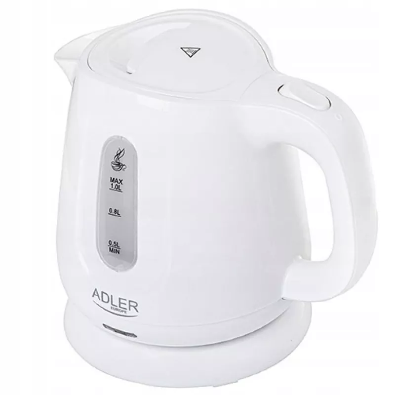 Elektriskā tējkanna Adler AD 1373 — 1 L ietilpība, 850 W, balta, 360° pamatne, polipropilēns