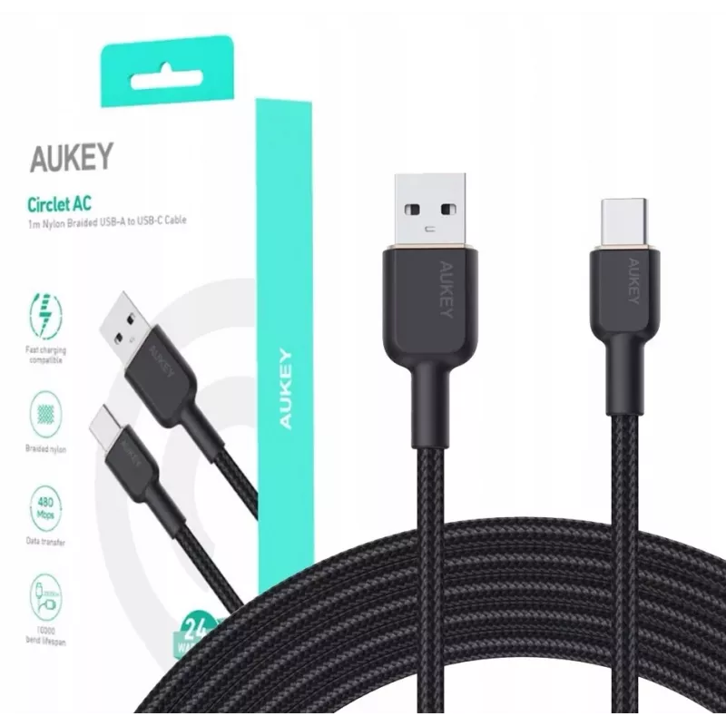 USB A uz USB C kabelis Aukey CB-NAC1, 1 m, pīts neilons, USB PD 60W, USB 2.0