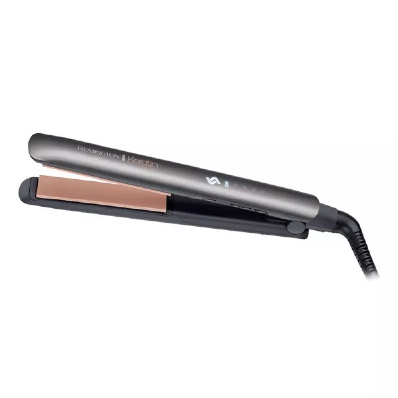 Taisnotājs Remington S8598 Warm Melns pelēka — keramikas plāksnes 11 cm, 5 siltuma līmeņi, 160–230 °C, 3 m vads, pārnēsāšanas maciņš