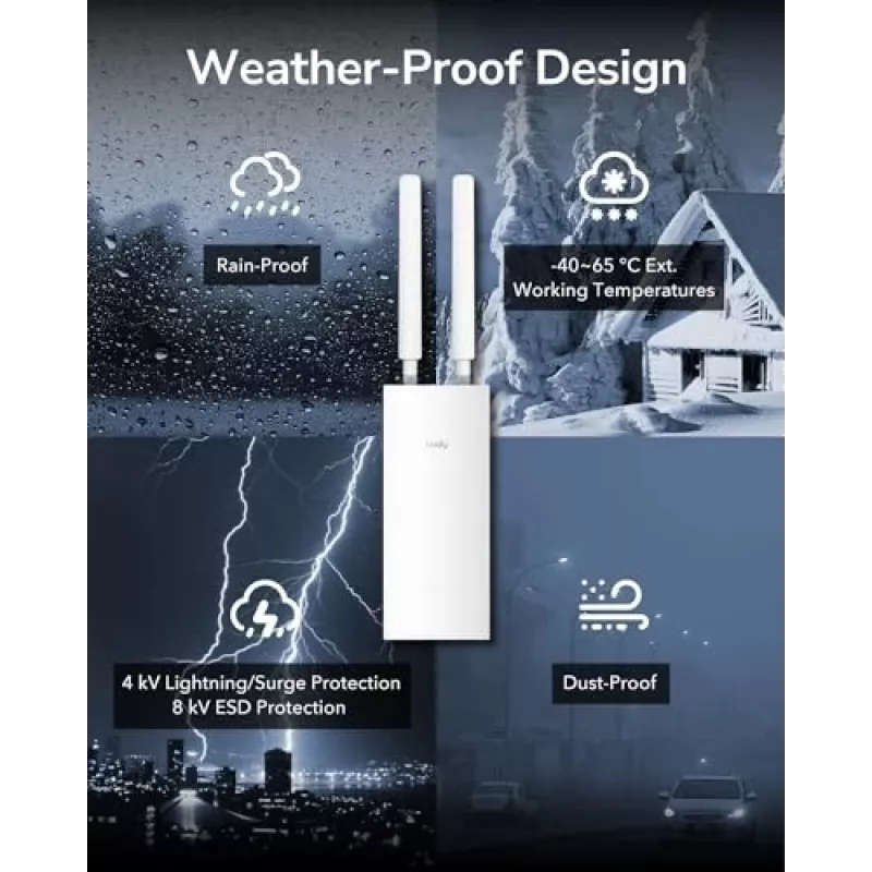 Piekļuves punkts Cudy AP1300 Outdoor — divjoslu 2.4/5 GHz, 300/867 Mbit/s, IP65, PoE, 2 ārējās RP‑SMA antenas