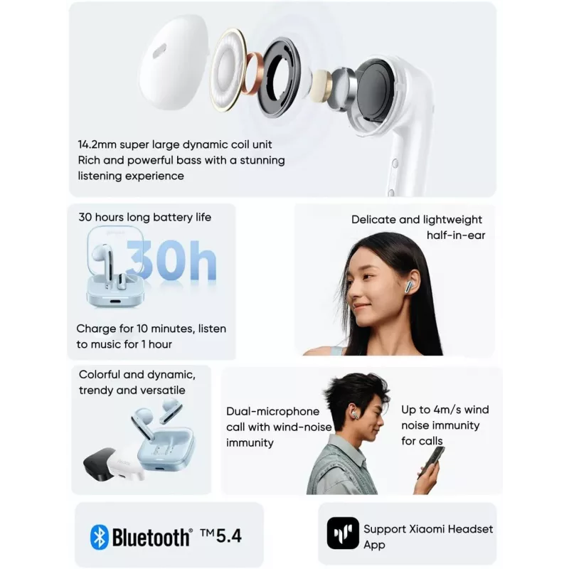 Bezvadu in-ear austiņas Xiaomi Buds 6 Active — Balta, intraaurālas, 0.036 kg, Bluetooth darbības rādiuss līdz 10 m