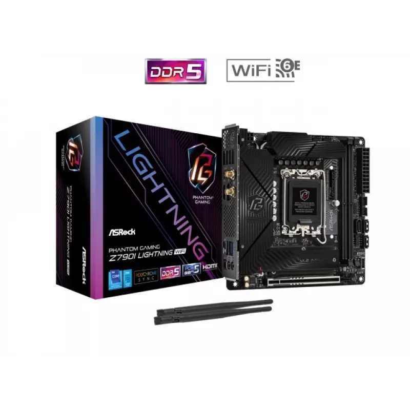 Mātesplate ASRock Z790I LIGHTNING WIFI — Intel Z790, LGA 1700, Mini-ITX, DDR5 līdz 8600 MHz, 2x DIMM, Wi‑Fi 6E, 2.5Gb LAN, 2x M.2