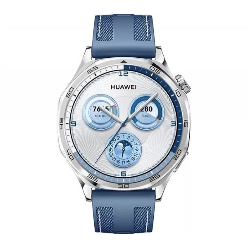Viedpulkstenis HUAWEI WATCH GT5 46mm — 1,43 collu AMOLED, GPS, 524 mAh, nerūsējošā tērauda korpuss, zila austa siksniņa