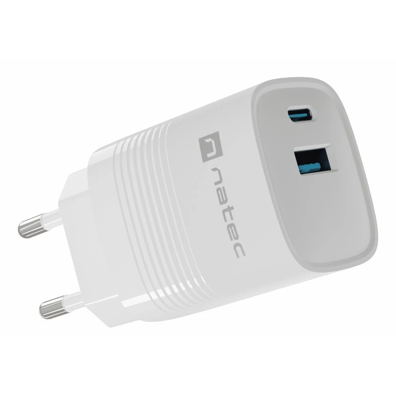 Vadu mobilo ierīču lādētājs NATEC NUC-2140, 30W, USB-C PD 3.0 + USB-A, Samsung AFC, Balts