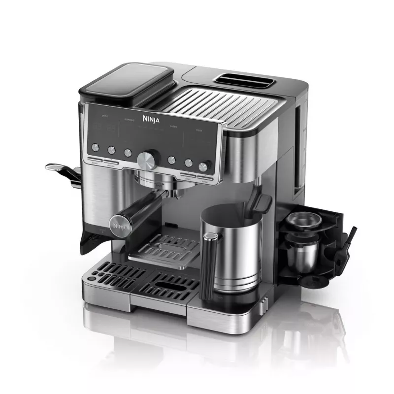 Espresso automāts Ninja ES701EU — pusautomātiskā kafija/espresso, iebūvēta dzirnaviņa, 2 L ūdens tvertne, 1650 W, 25 dzirnaviņu iestatījumi, piena tvertne, 14 bāru sūknis