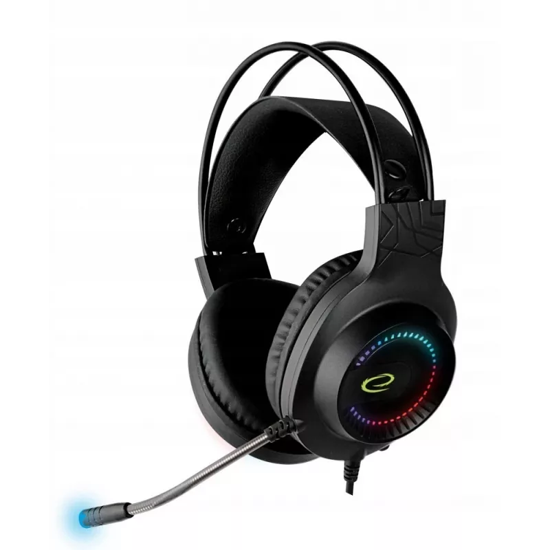 Vadu austiņas ESPERANZA EGH7100 — over-ear spēļu austiņas, USB 2.0, 1,5 m kabelis, mikrofons ar sviru, RGB galvas saite, 32 Ω, 4 cm draiveri, 269 g
