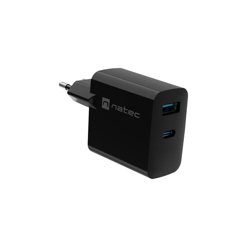 Vadu mobilo ierīču lādētājs NATEC NUC-2145, 65W, USB-C PD 3.0 + QC 3.0, 1x USB-C, 1x USB-A, 110–240V, melns
