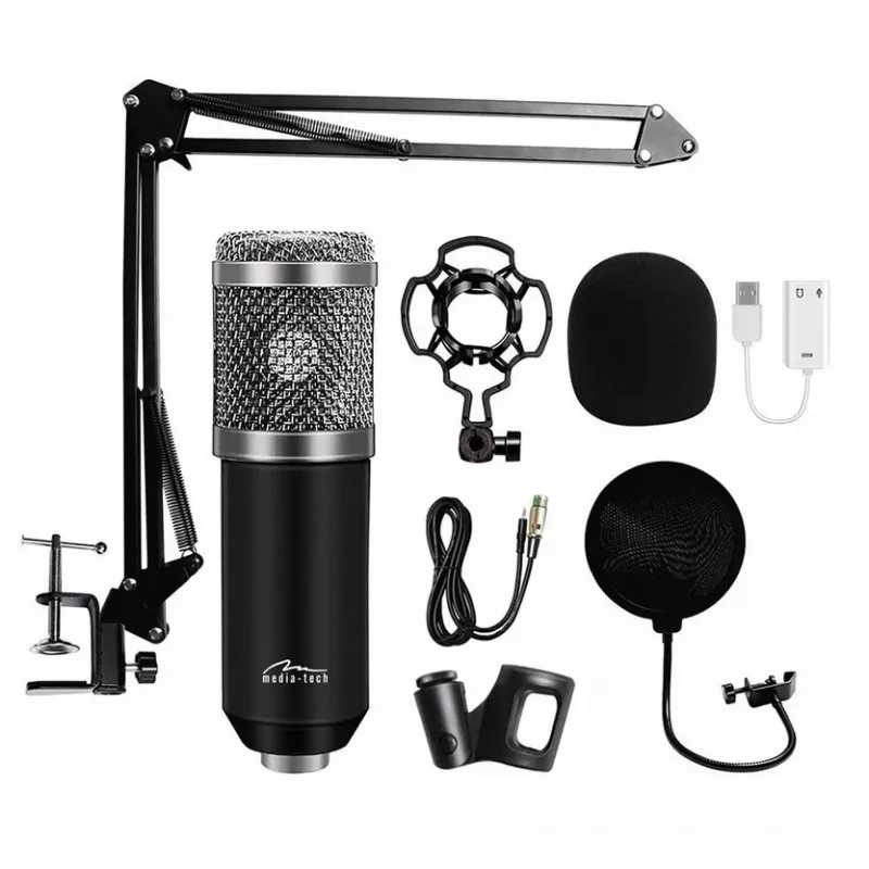 PC mikrofons MEDIA-TECH MT397S — vadu, XLR ieeja, 20–20000 Hz, 150 Ω, -32 dB, 2,4 m kabelis, galda statīvs, melns
