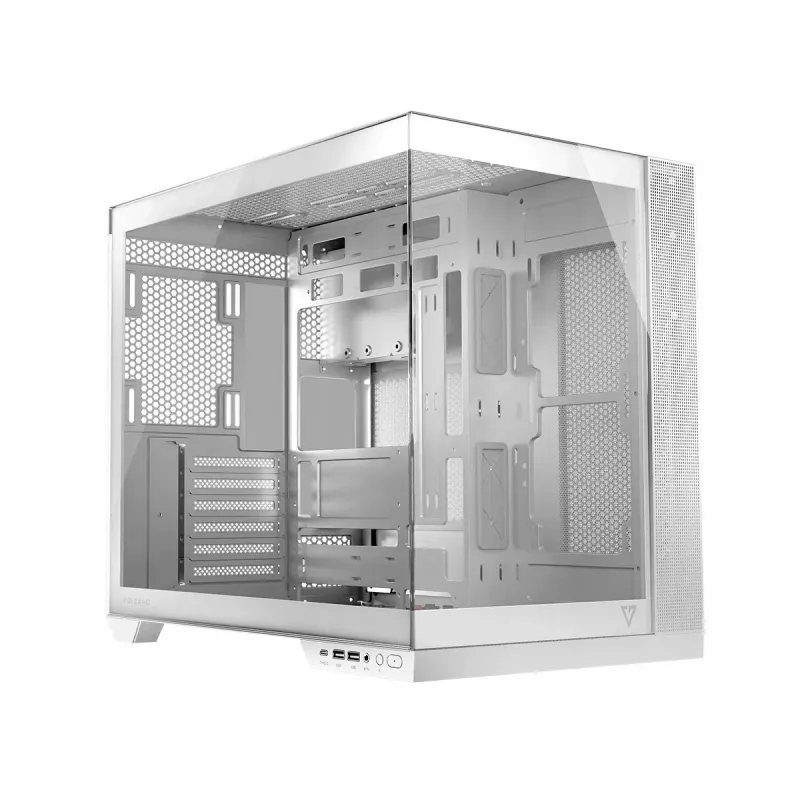 PC korpuss MODECOM Volcano Panorama Midi Tower balts — micro ATX, rūdīts stikls, ARGB, USB-C, atbalsta GPU 400 mm
