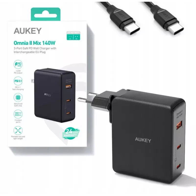 Sienas lādētājs Aukey PA-B7O, 3 × USB, GaN tehnoloģija