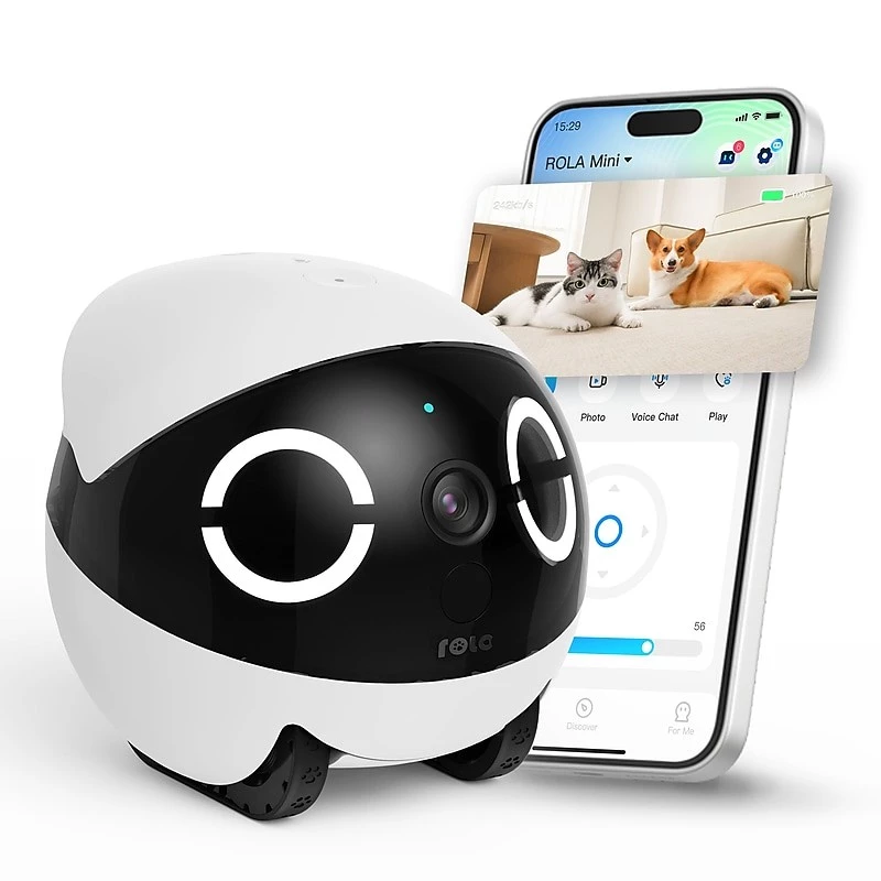 Robotizēts mājdzīvnieku monitors Enabot Rola Mini — Wi‑Fi, 5000 mAh baterija, 3 MP, 137° skata leņķis, balta/melna