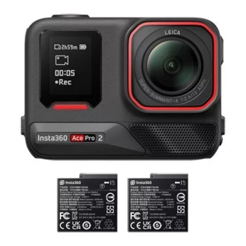 Action sports kamera Insta360 Ace Pro 2 — 50 MP, 8K Ultra HD (7680×3272), 1/1,3 collu sensors, līdz 240 kadriem/s, iebūvēts displejs, Wi‑Fi, MicroSD, 177,7 g, Melna