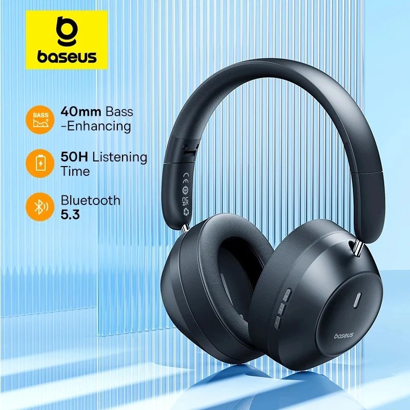 Baseus Bass 30 Max bezvadu austiņas ar Bluetooth 5.3, virsgalvas austiņas, pastiprinātas basu funkcijas, 40 mm diafragma, īpaši zems latentums, 50 stundu akumulatora darbības laiks