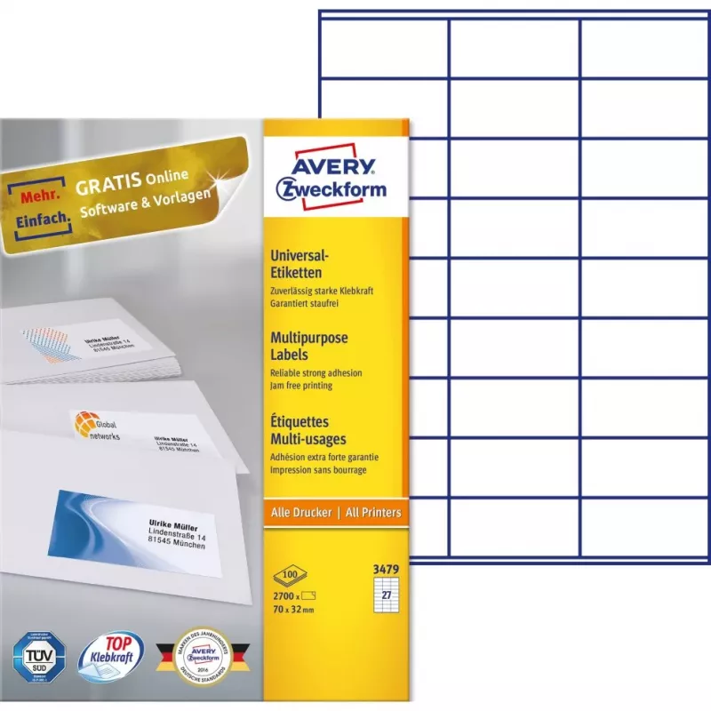 Avery-Zweckform 3479 etiķetes, balts papīrs, 70x32 mm, pastāvīga līme