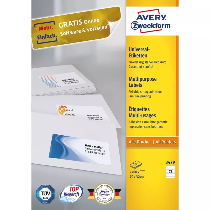 Avery-Zweckform 3479 etiķetes, balts papīrs, 70x32 mm, pastāvīga līme