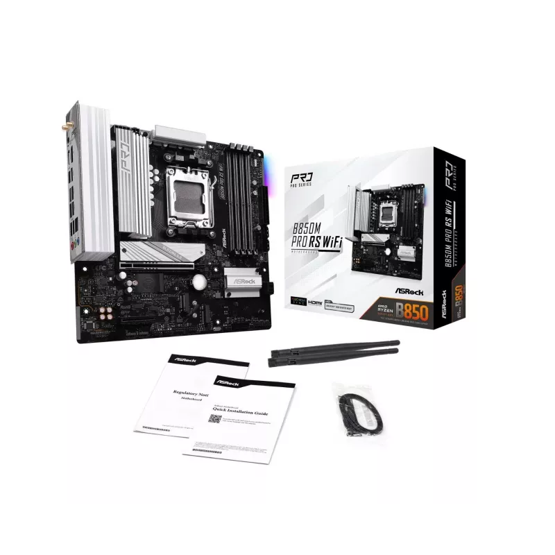 ASRock B850M Pro RS WiFi mātesplate — AMD B850, Socket AM5, microATX, DDR5, 4 DIMM, 256GB, Wi‑Fi 6E, 2.5Gb LAN, 3x M.2