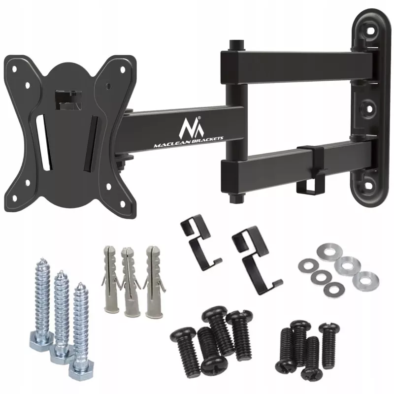 Maclean MC-417 Pilnas kustības TV un monitora sienas stiprinājums 13-32 30kg maks. VESA 100x100 Melns pulverkrāsots universāls turētājs kronšteins regulējams attālums no sienas grozāms slīpums