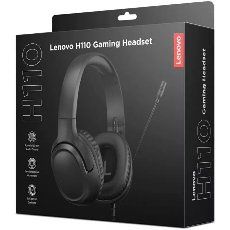 Lenovo H110 spēļu austiņas, vadu, binaurālas, 3,5 mm, 1,8 m kabelis, 50–20 000 Hz, 110 dB, 32 Ω, melnas