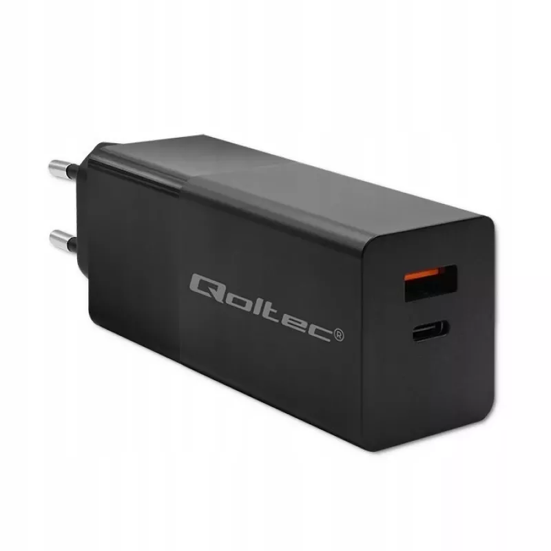 Qoltec 52382 GaN POWER PRO lādētājs | 1xUSB Type-C | 1xUSB A | 100W | 5-20V | 1.5-5A | PD | Melns