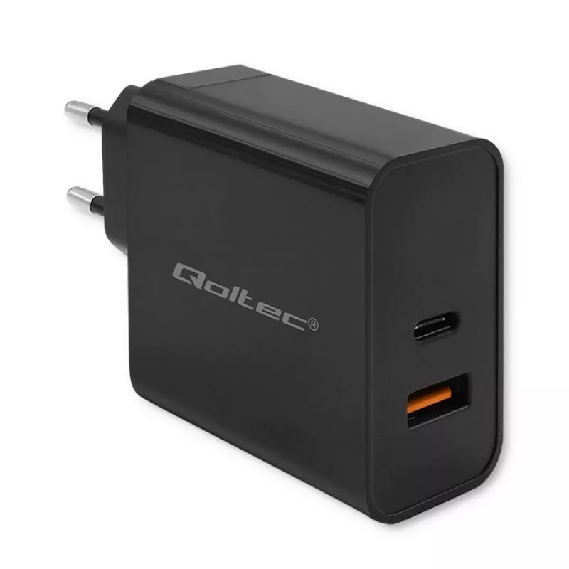 Qoltec 52381 Super Quick PD lādētājs | 1xUSB-C | 1xUSB | 90W | 5-20V | 2.4-4.35A | Melns