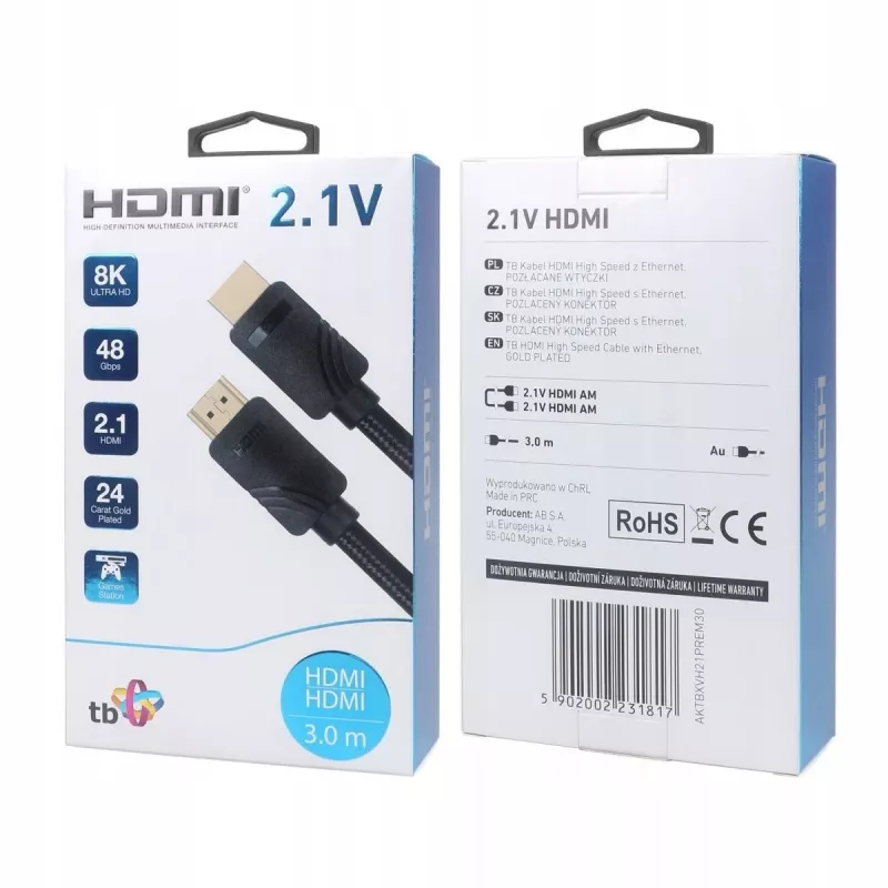 HDMI v 2.1 premium kabelis 3 m 8K Melns Izstrādāts spēlētājiem