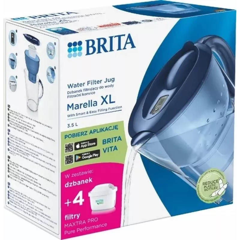 Ūdens filtra krūze BRITA Marella XL, krūzes filtrs ar MAXTRA kasetnēm, 3,5 l tvertne, 2 l filtrēta ūdens ietilpība, zila
