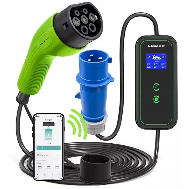 Qoltec Mobile EV Car Charger Adjustable 2in1 Type2 | 7kW | 230V | CEE 3 PIN | Wi-fi | LCD | Portable | Wallbox | 5m