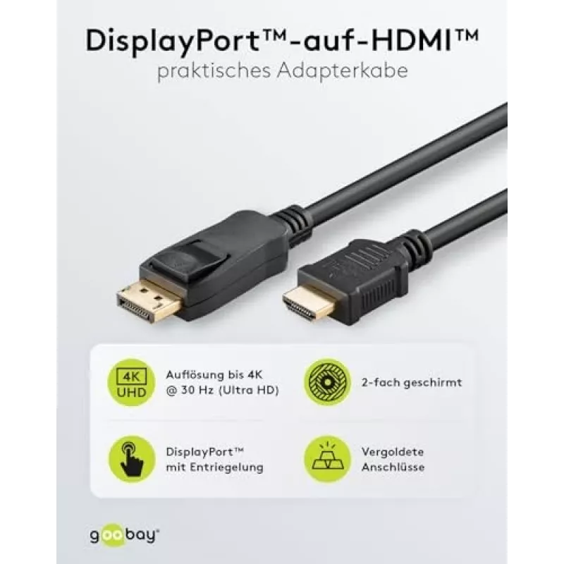 64836 DisplayPort 1.2 uz HDMI adaptera kabelis 1.4 4K @ 30Hz / īpaši ātrdarbīgs HDMI kabelis / zeltīts savienotājs nevainojamai signāla pārraidei / klēpjdators