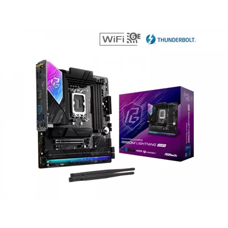 Mātesplate ASRock B860M Lightning WiFi — Intel B860, LGA1851, microATX, DDR5, 4 DIMM, Wi‑Fi 6E, 2.5Gb LAN, Thunderbolt 4