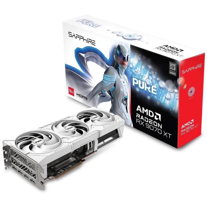 Grafikas karte Sapphire Radeon RX 9070 XT — 16 GB GDDR6, PCIe 5.0, 256-bit, 320 mm, 3 slotu, balta