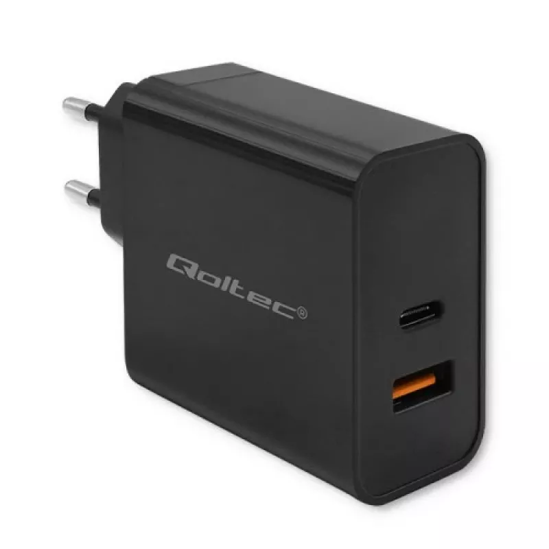 Qoltec 52380 Super Quick PD lādētājs | 1xUSB-C | 1xUSB | 65W | 5-20V | 1.5-3.25A | Melns