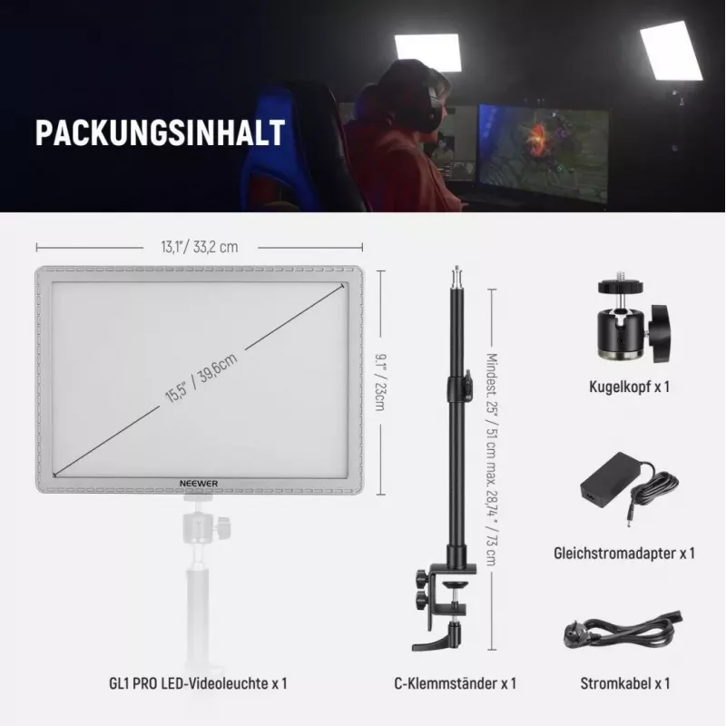 LED lampa Neewer GL1 Pro 2900–7000K pārnēsājama divkrāsu studijas gaisma ar regulējamu krāsu temperatūru