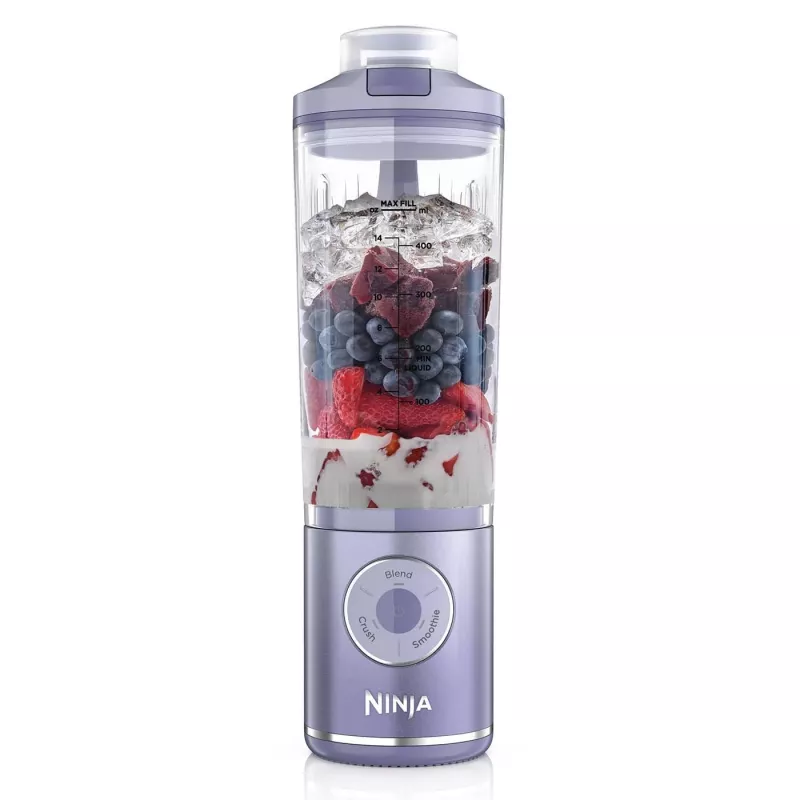 Pārnēsājamais blenderis Ninja BC251EULD — 0,57 L bļoda, baterija 11,1 V, nerūsējošā tērauda asmeņi, lavandas/caurspīdīgs