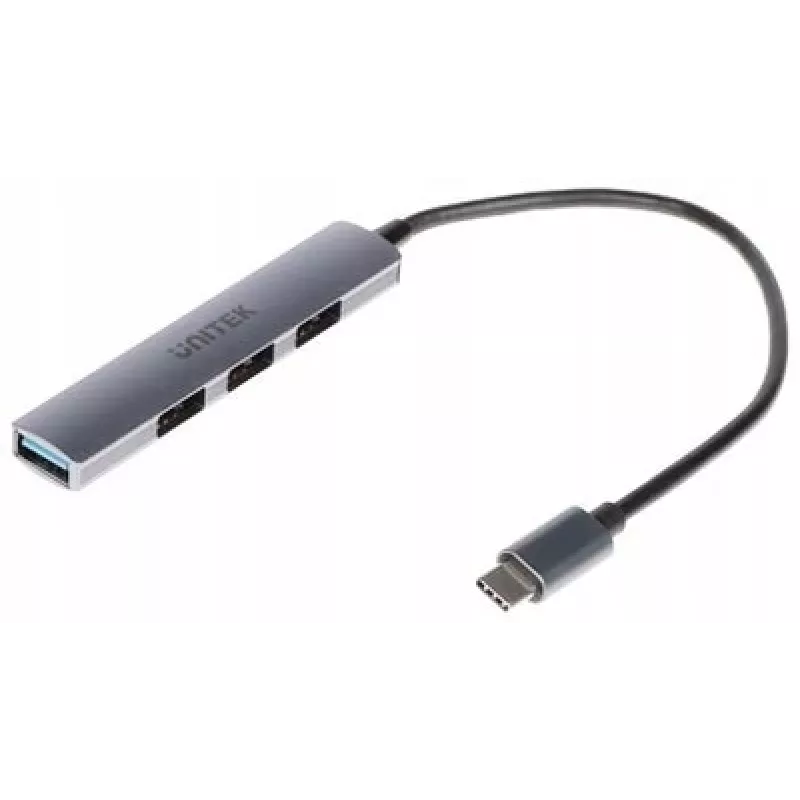 USB-C centrmezgls Unitek H1208B — 1x USB-A 5 Gbps, 3x USB-A 2.0, USB-C saimniekdators, alumīnija korpuss, 0,20 m kabelis