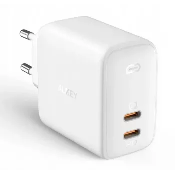 Sienas lādētājs Aukey PA-B4 2x USB balts GaN – kompakts USB strāvas adapteris ar diviem USB portiem