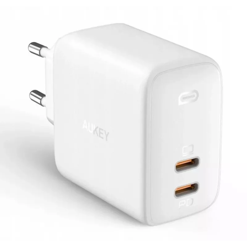 Sienas lādētājs Aukey PA-B4 2x USB balts GaN – kompakts USB strāvas adapteris ar diviem USB portiem