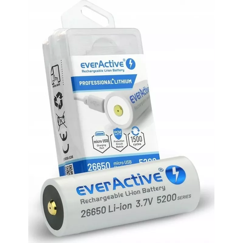 Uzlādējamā baterija everActive EV26650-52M 3.7V 5200mAh ar Micro USB uzlādi