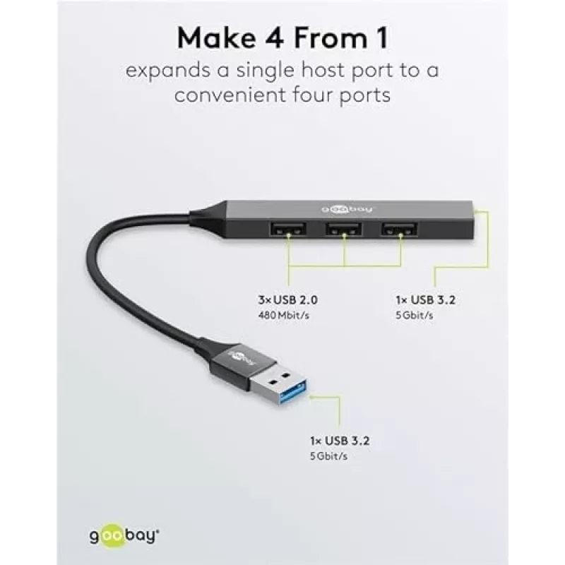 Goobay USB centrmezgls 74456 Type-A 5000 Mbit/s Gaiši pelēks