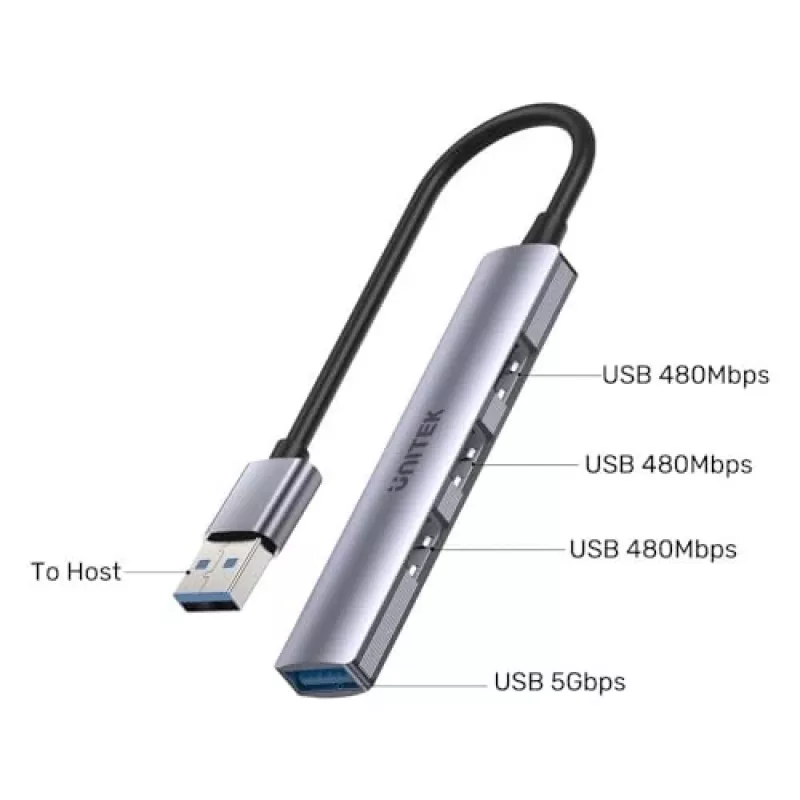 Unitek H1208A USB-A sadalītājs, 4 porti (1x USB-A 5 Gbps, 3x USB-A 2.0), alumīnijs, sudraba