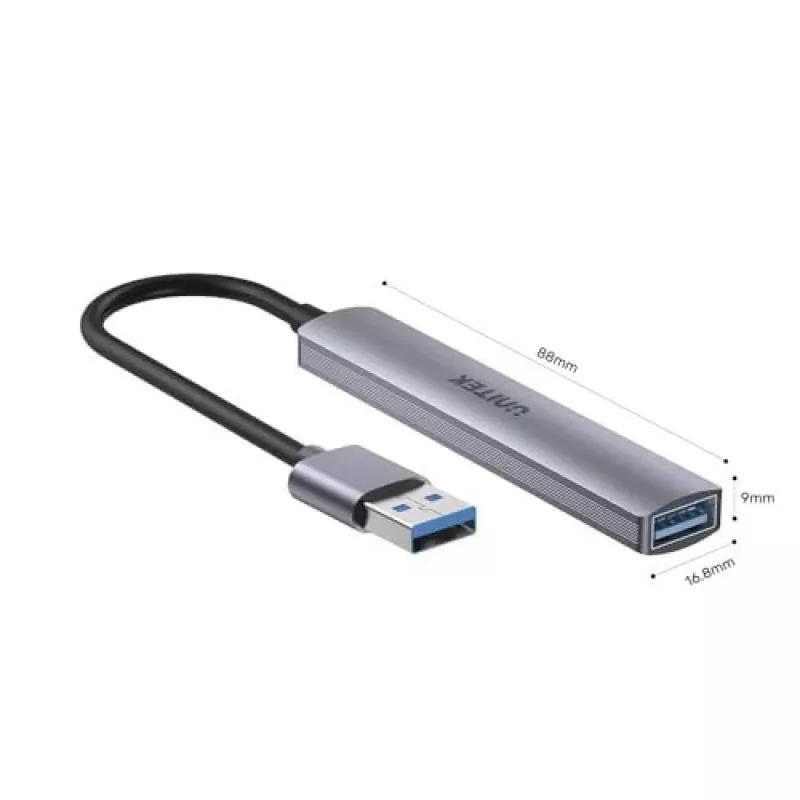 Unitek H1208A USB-A sadalītājs, 4 porti (1x USB-A 5 Gbps, 3x USB-A 2.0), alumīnijs, sudraba