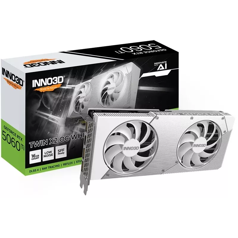 Grafikas karte Inno3D GeForce RTX 5060 Ti — 16 GB GDDR7, PCIe 5.0, 448 GB/s, 250 mm, 2 sloti, balta