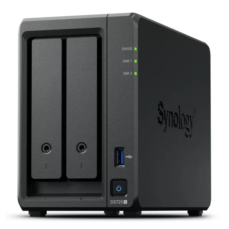 NAS Synology DiskStation DS725+ 2-bay Ryzen R1600 4GB DDR4 ECC, 2.5GbE, 2x M.2, RAID atbalsts, 0TB, Melns