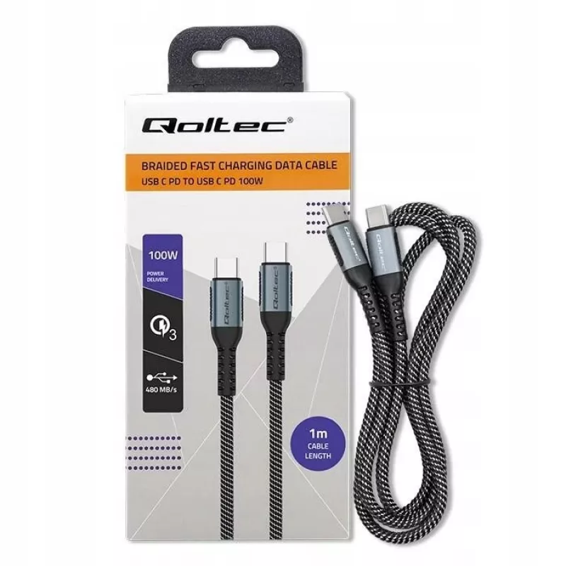 Qoltec kabelis USB 2.0 Type C uz Type C 100W Qc 3.0 Pd 1m Melns