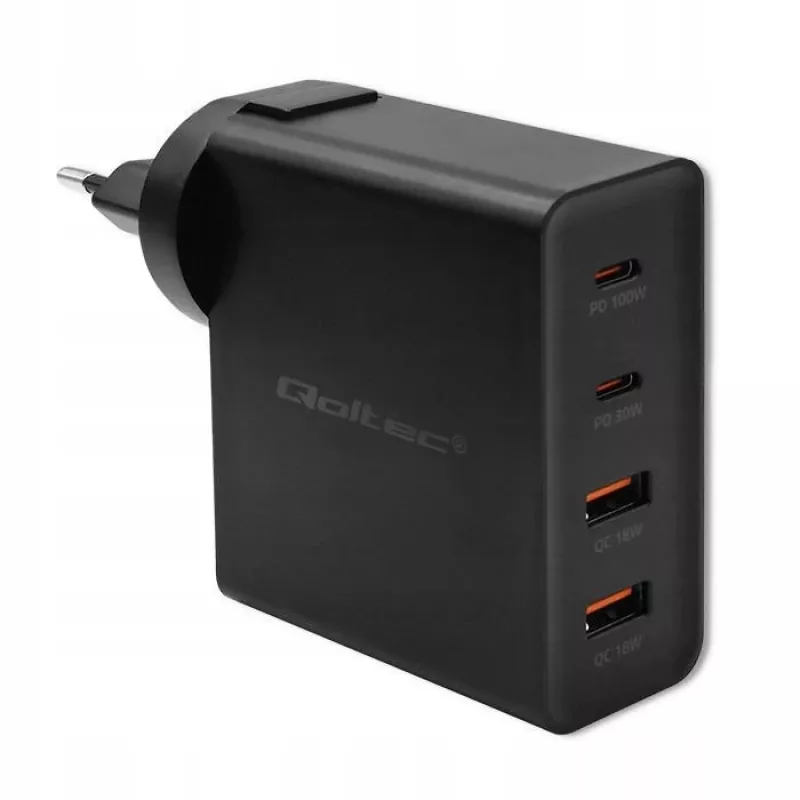 Qoltec GaN POWER PRO Lādētājs | 2xUSB-C | 2xUSB | 130W | 5-20V | 1.5-5A | XP | Melns