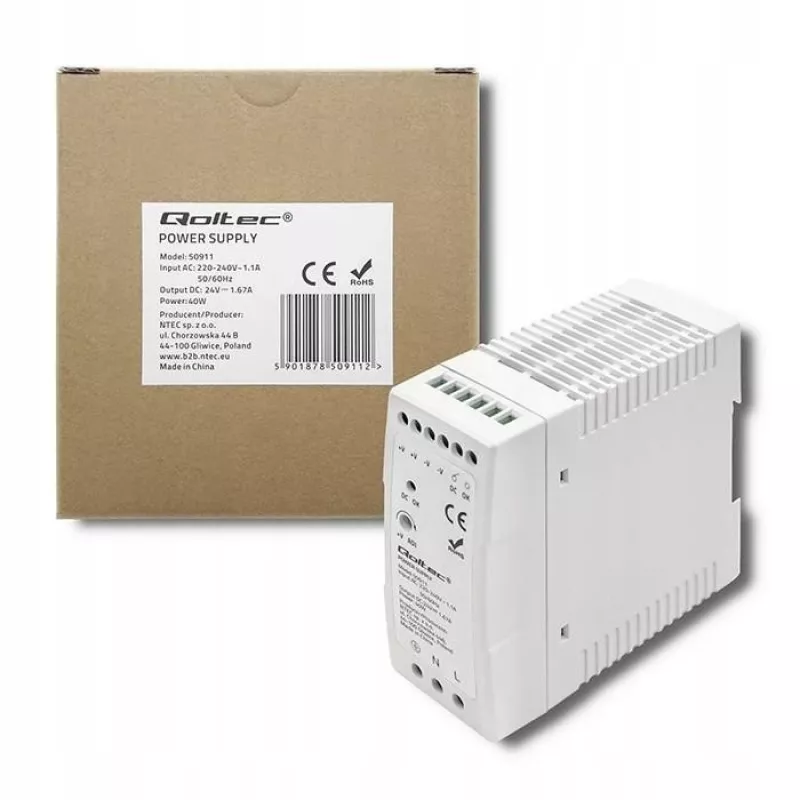 Qoltec Din Rail barošanas bloks | 40W | 24V | 1.67A | Balts | plāns