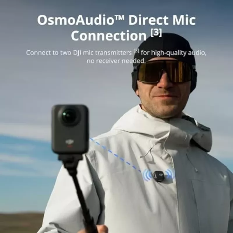 Action kamera DJI Osmo 360 Standard Combo — 8K Ultra HD, 120 MP CMOS, 240 kadri/s, elektroniskā stabilizācija, 2 collu displejs, MicroSD, 183 g, melna