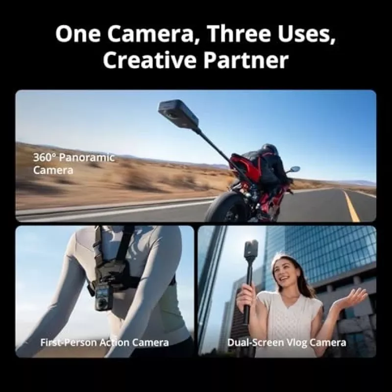 Action kamera DJI Osmo 360 Standard Combo — 8K Ultra HD, 120 MP CMOS, 240 kadri/s, elektroniskā stabilizācija, 2 collu displejs, MicroSD, 183 g, melna