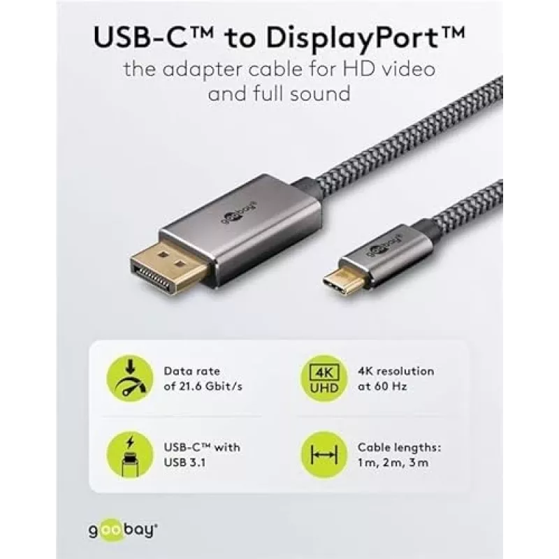 Goobay USB-C–DisplayPort kabelis - Zelta pārklājuma savienotāji, Ultra HD izšķirtspēja līdz 4K @ 60 Hz, C tipa Thunderbolt 3/4–DP adapteris, saderīgs ar