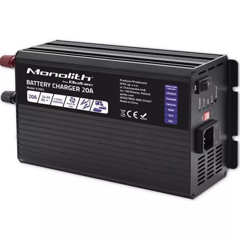 Qoltec Smart Monolith akumulatora lādētājs LiFePO4 AGM GEL SLA akumulatoriem | 20A | 24V